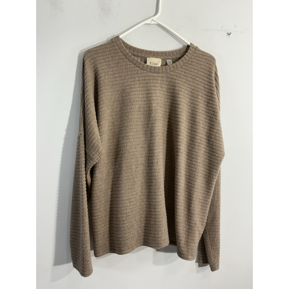 Elie Tahari Neutral Ribbed Crewneck Sweater in Taupe